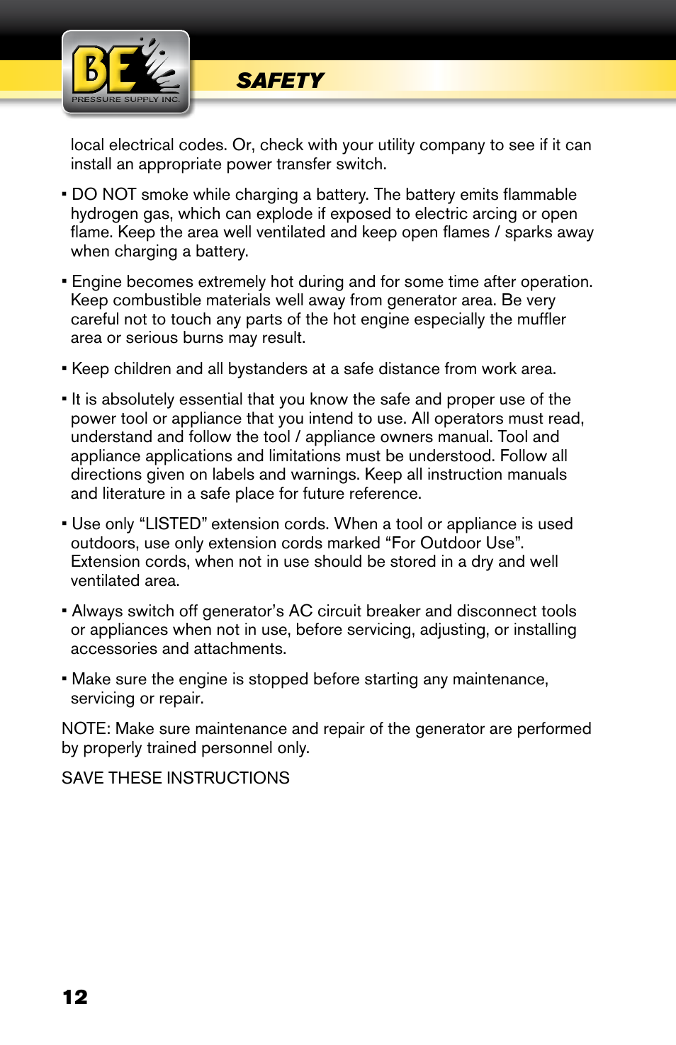 Safety | BE Pressure supply 6800 Watt Generator BE6800HER User Manual | Page 12 / 32