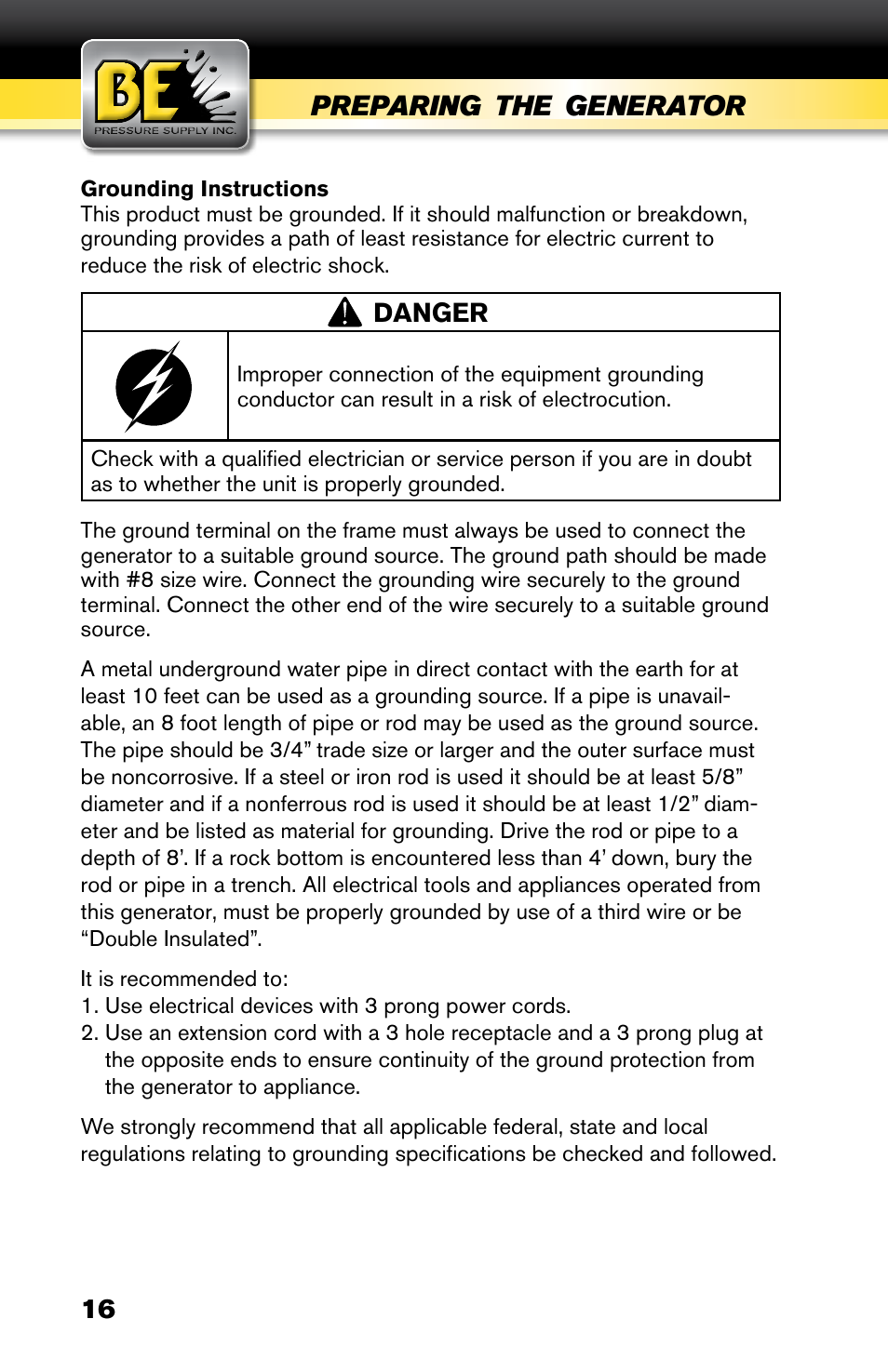 BE Pressure supply 6800 Watt Generator BE6800HER User Manual | Page 16 / 32
