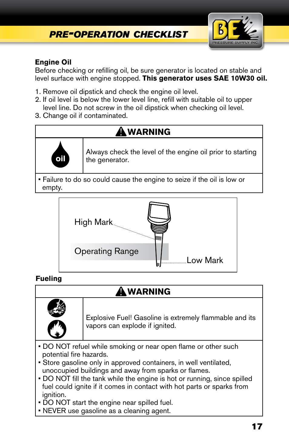 Operation, Checklist | BE Pressure supply 6800 Watt Generator BE6800HER User Manual | Page 17 / 32