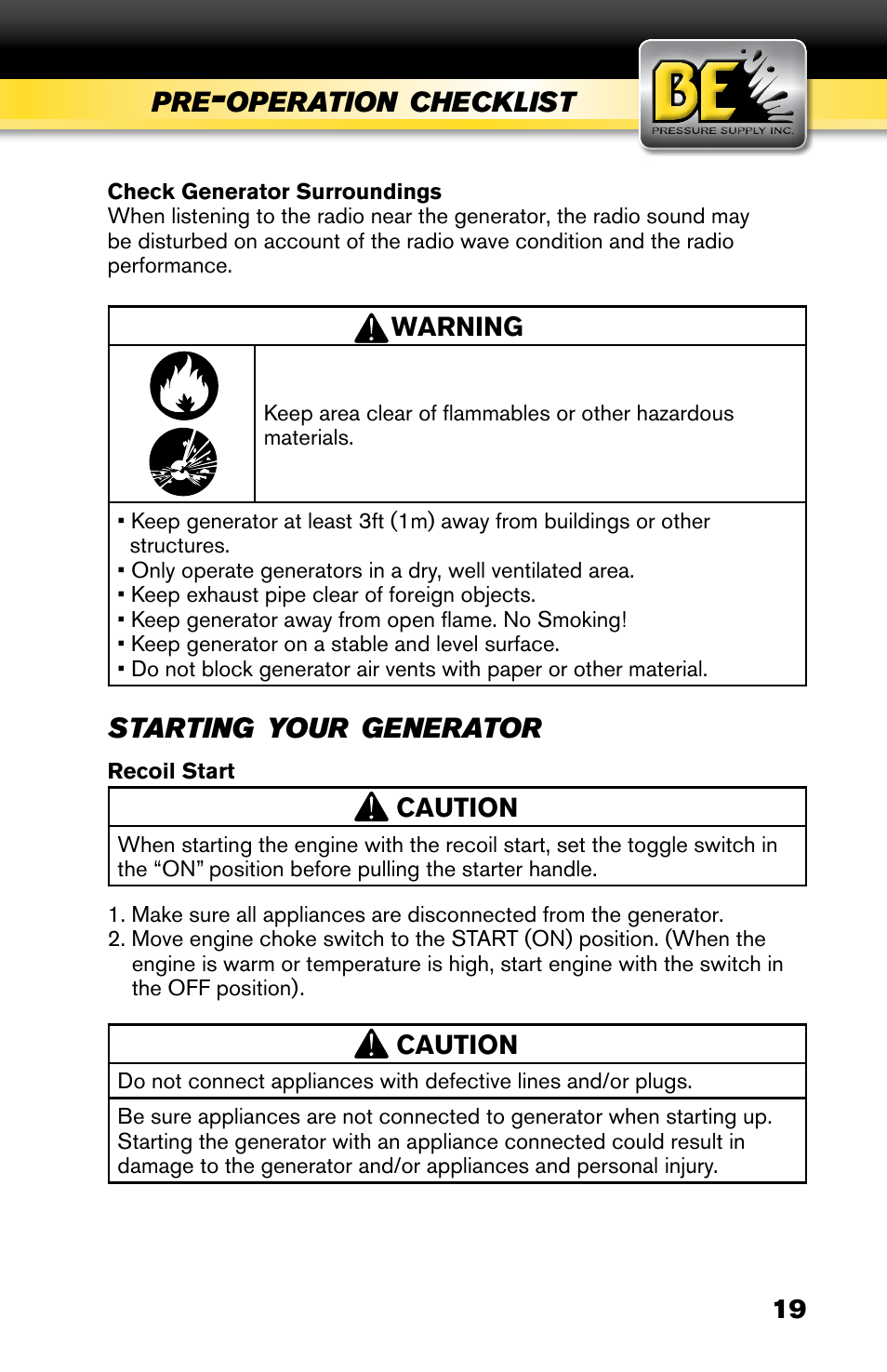 BE Pressure supply 6800 Watt Generator BE6800HER User Manual | Page 19 / 32