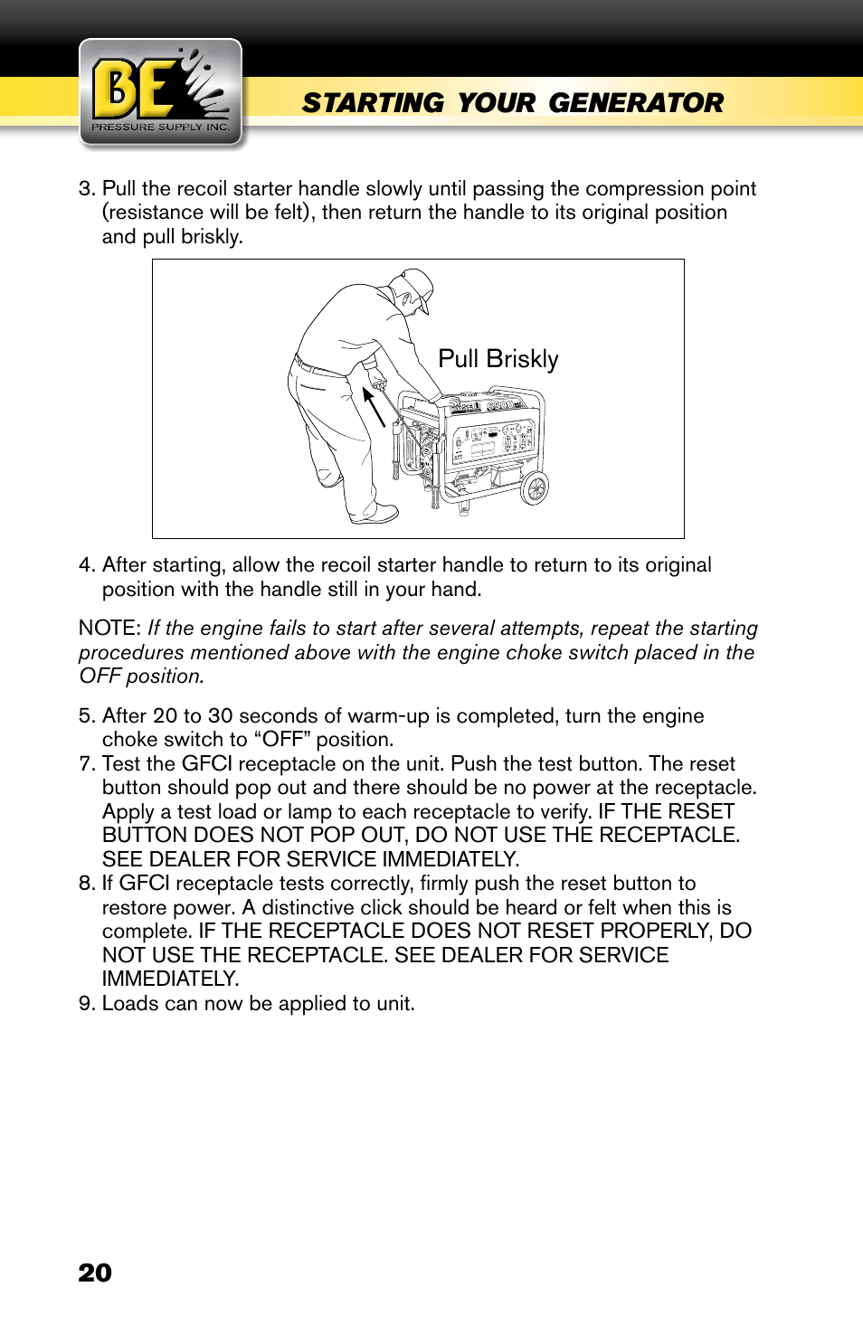 Starting, Your, Generator | BE Pressure supply 6800 Watt Generator BE6800HER User Manual | Page 20 / 32