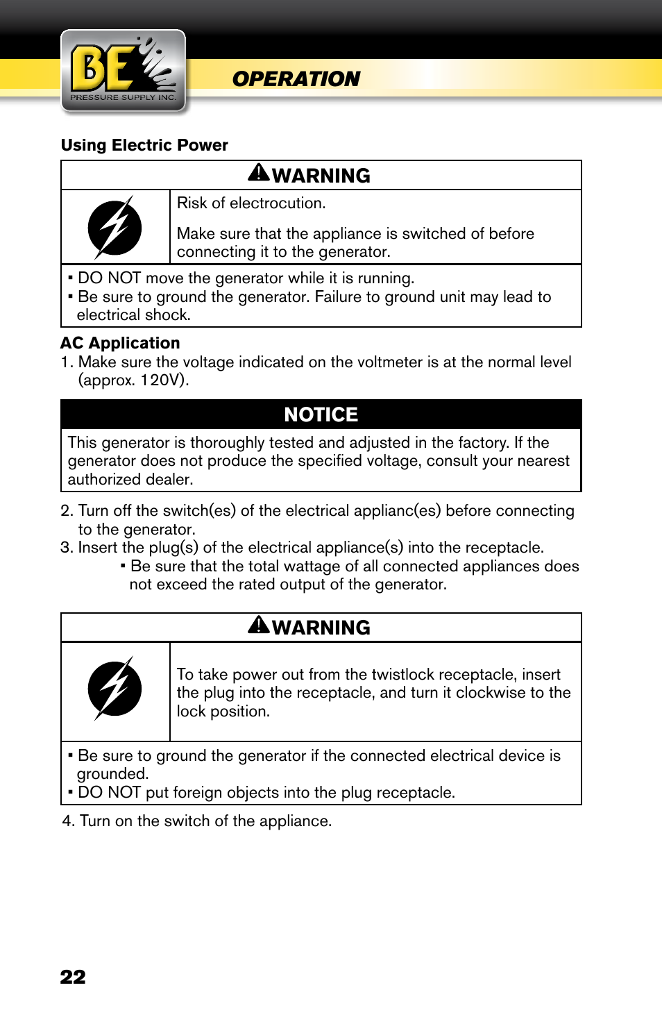 Operation | BE Pressure supply 6800 Watt Generator BE6800HER User Manual | Page 22 / 32