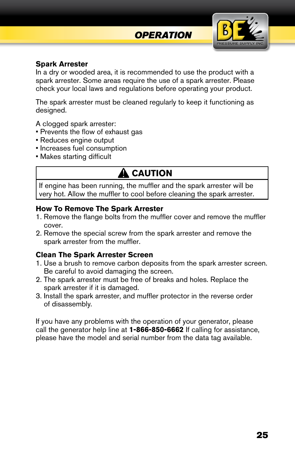 Operation, 25 caution | BE Pressure supply 6800 Watt Generator BE6800HER User Manual | Page 25 / 32