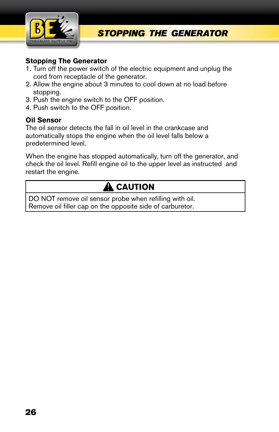 BE Pressure supply 6800 Watt Generator BE6800HER User Manual | Page 26 / 32