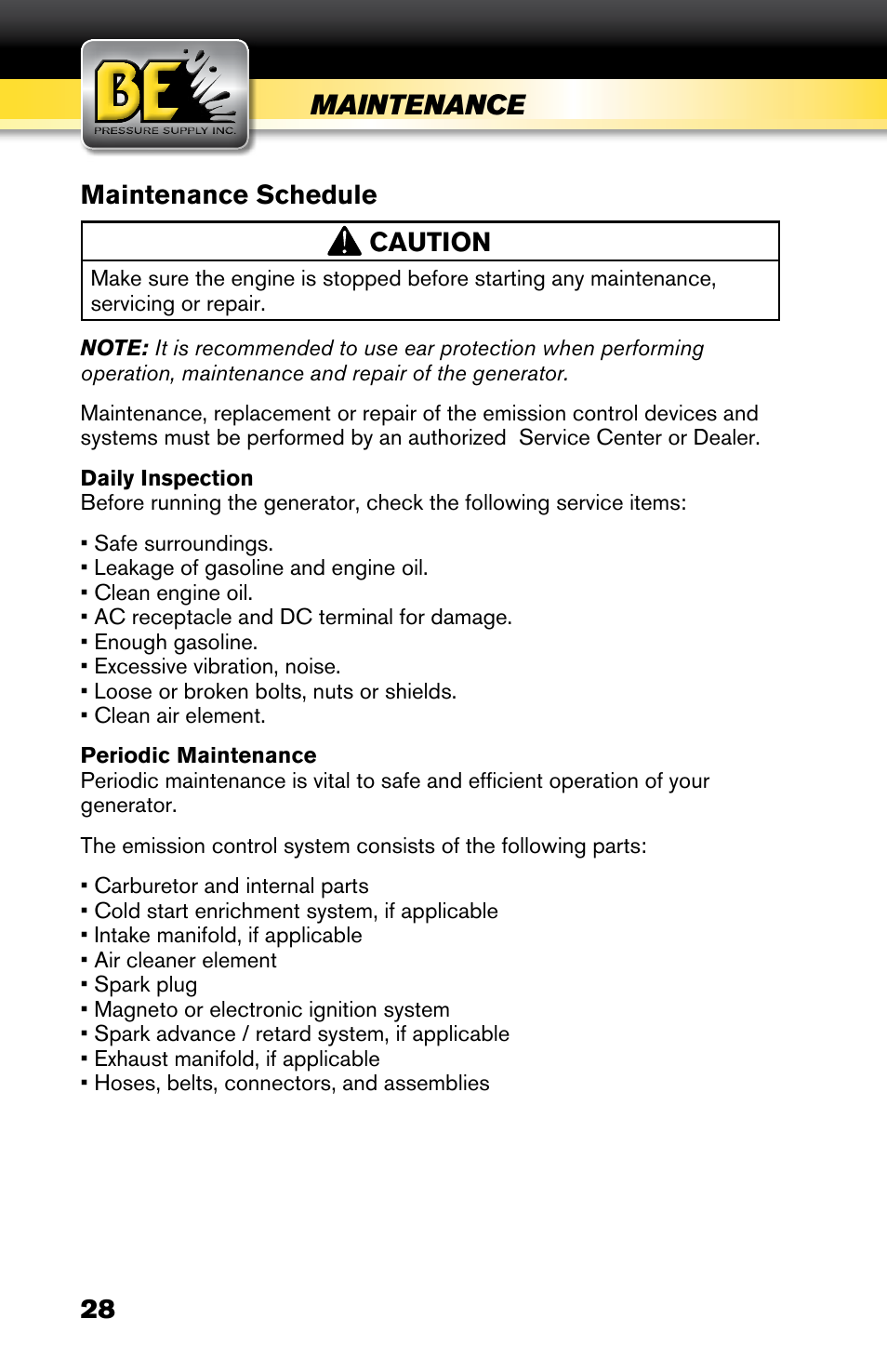 Maintenance, Maintenance schedule, Caution | BE Pressure supply 6800 Watt Generator BE6800HER User Manual | Page 28 / 32