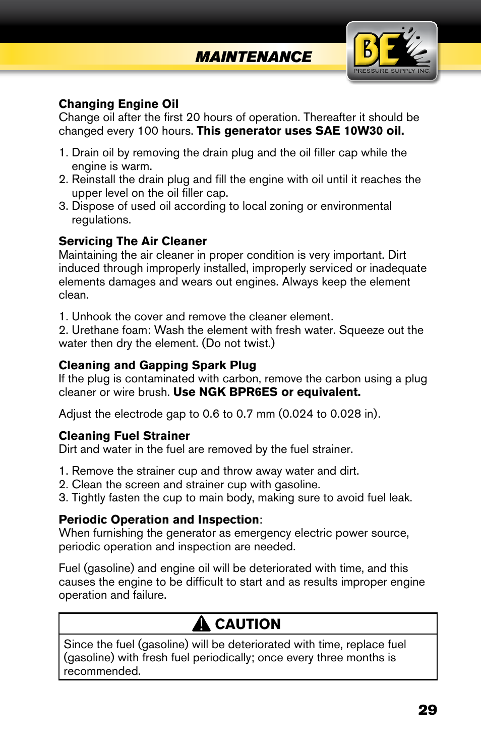 Maintenance, Caution | BE Pressure supply 6800 Watt Generator BE6800HER User Manual | Page 29 / 32