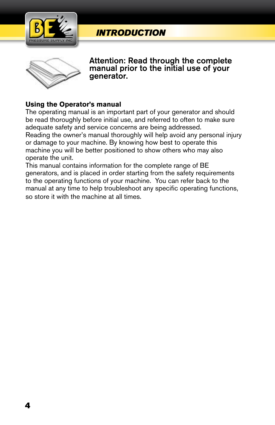 Introduction | BE Pressure supply 6800 Watt Generator BE6800HER User Manual | Page 4 / 32