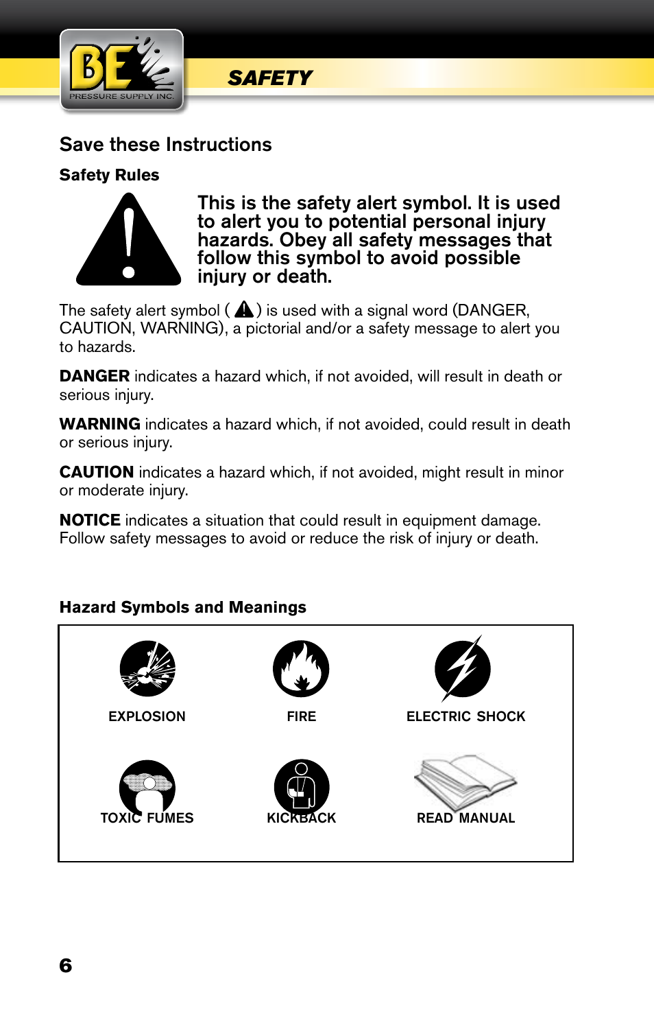 Safety, Save these instructions | BE Pressure supply 6800 Watt Generator BE6800HER User Manual | Page 6 / 32