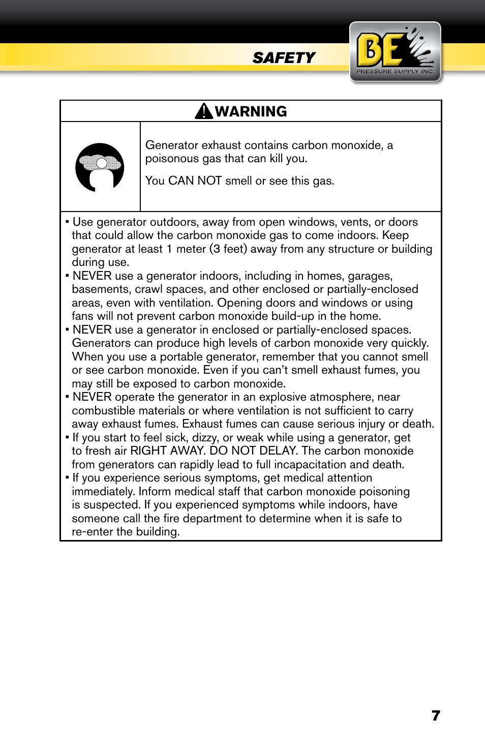 Safety, Warning | BE Pressure supply 6800 Watt Generator BE6800HER User Manual | Page 7 / 32