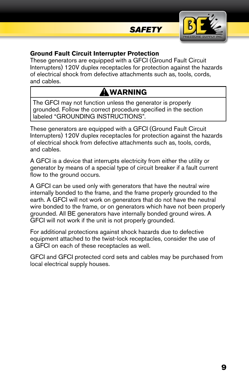Safety, Warning | BE Pressure supply 6800 Watt Generator BE6800HER User Manual | Page 9 / 32
