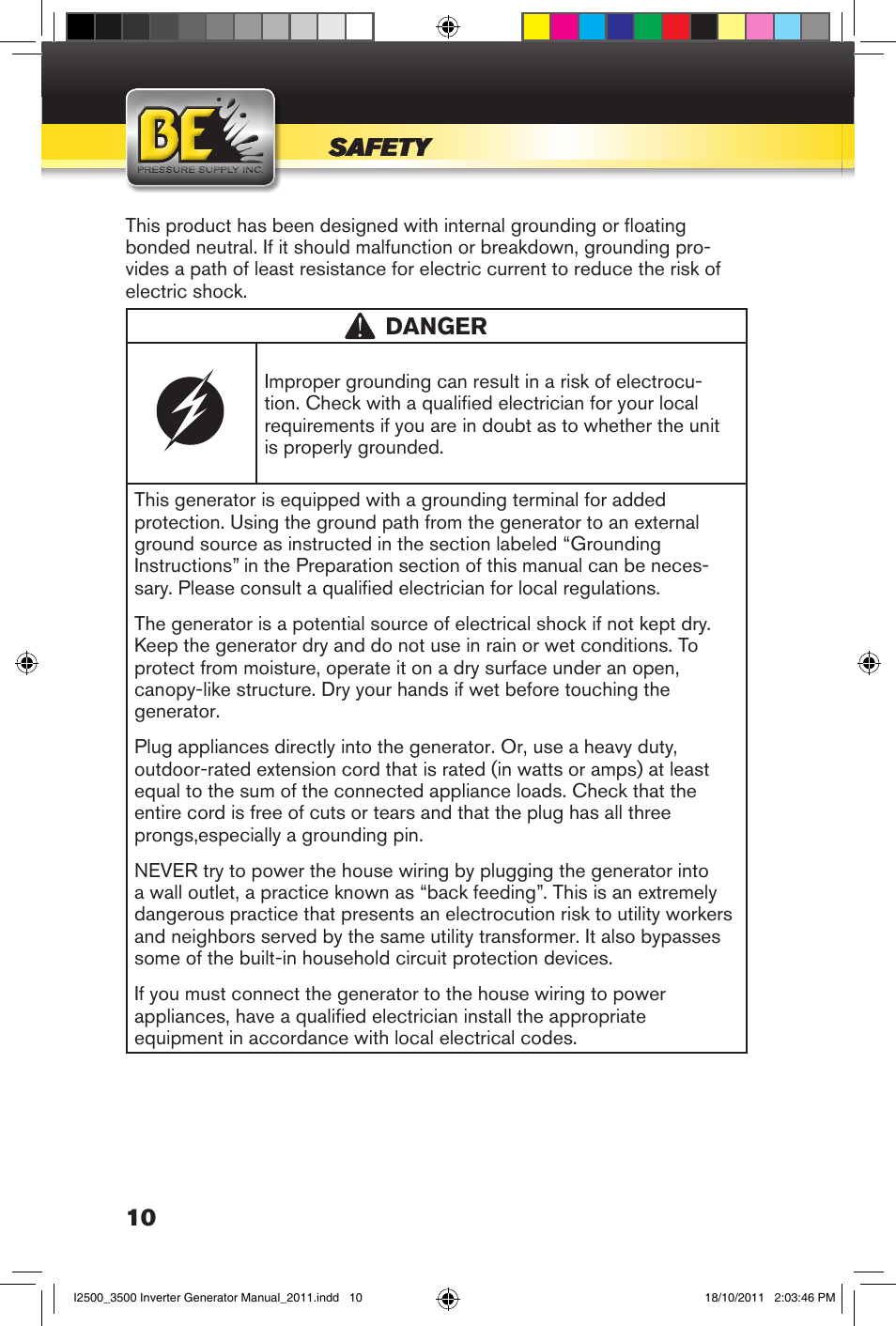 Safety, Danger | BE Pressure supply 2500 Watt Inverters Generators User Manual | Page 10 / 44