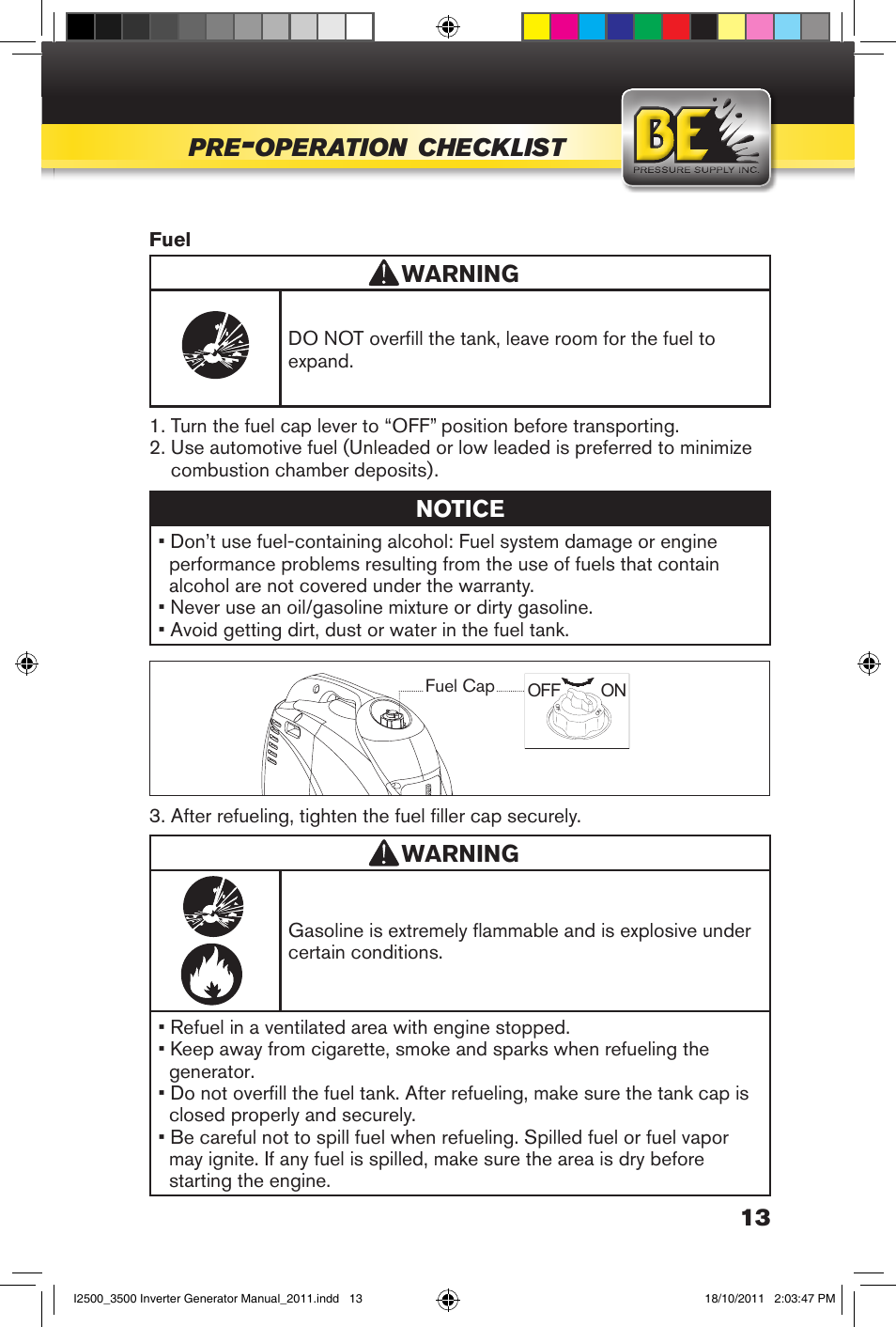 Operation, Checklist, Warning | Notice | BE Pressure supply 2500 Watt Inverters Generators User Manual | Page 13 / 44