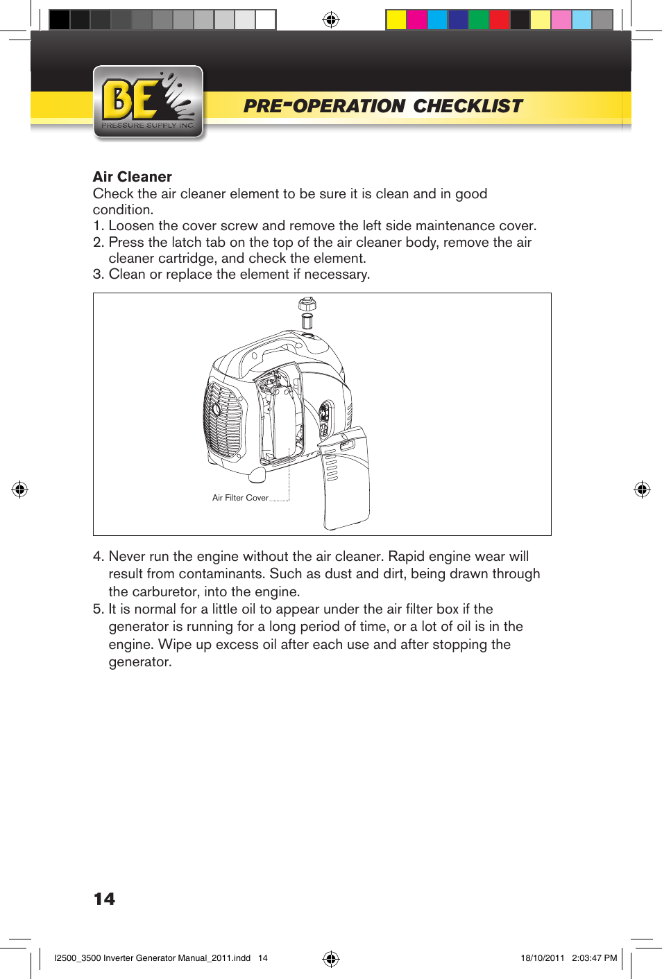BE Pressure supply 2500 Watt Inverters Generators User Manual | Page 14 / 44
