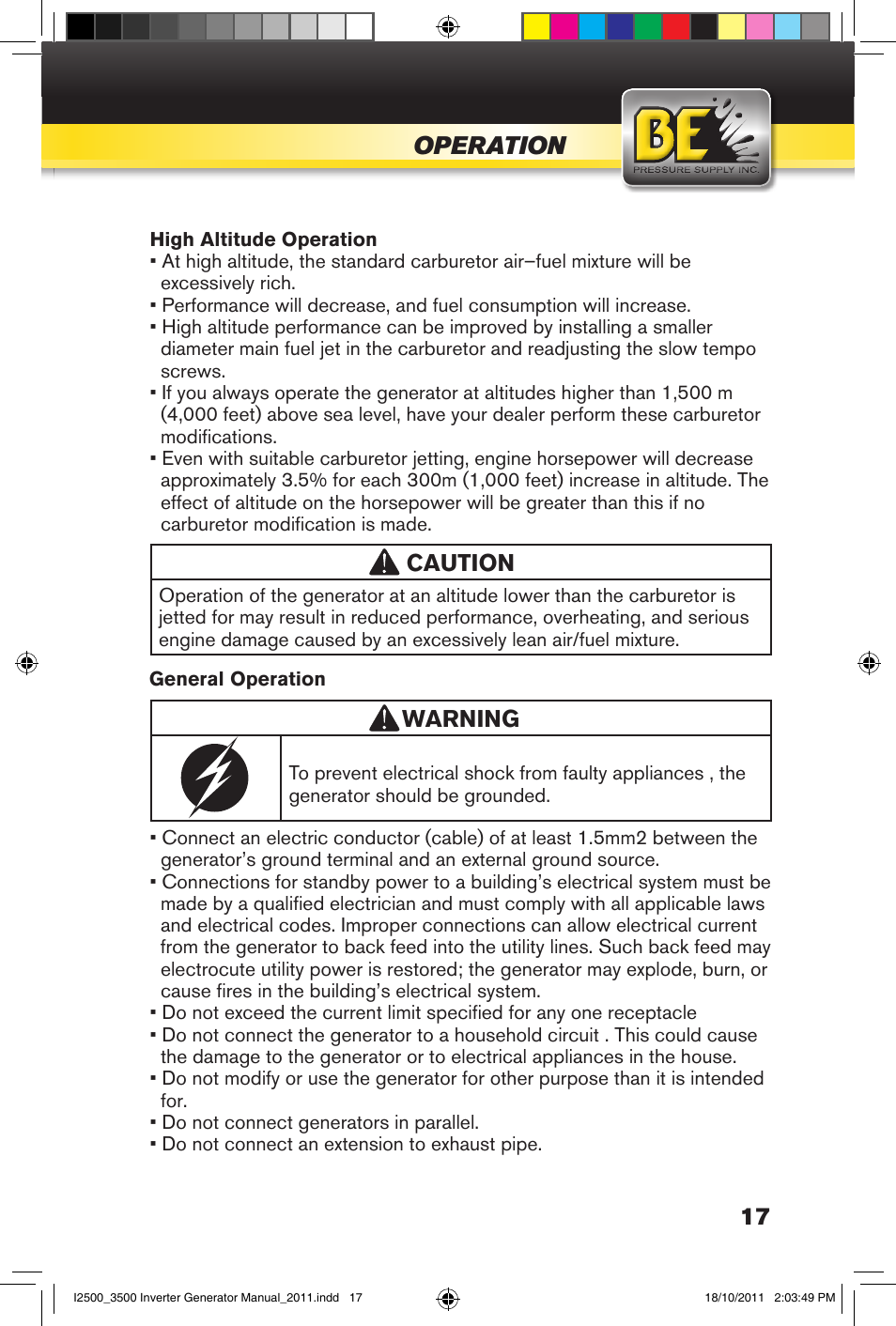 Operation | BE Pressure supply 2500 Watt Inverters Generators User Manual | Page 17 / 44