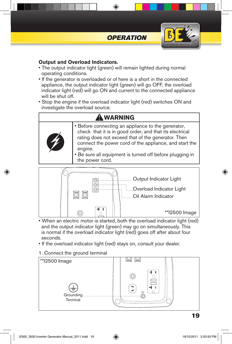 Operation, Warning | BE Pressure supply 2500 Watt Inverters Generators User Manual | Page 19 / 44