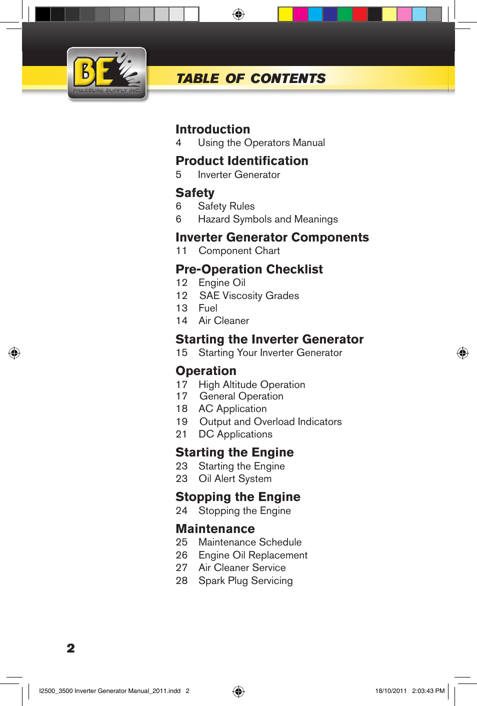 BE Pressure supply 2500 Watt Inverters Generators User Manual | Page 2 / 44