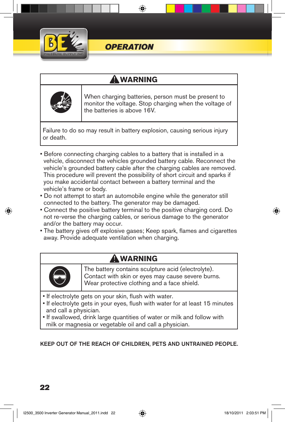 Operation, Warning | BE Pressure supply 2500 Watt Inverters Generators User Manual | Page 22 / 44