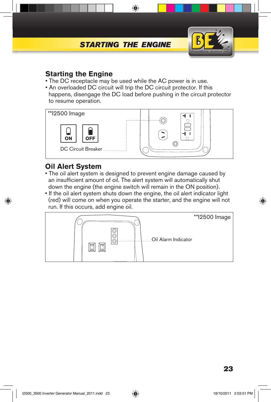 Starting, Engine | BE Pressure supply 2500 Watt Inverters Generators User Manual | Page 23 / 44