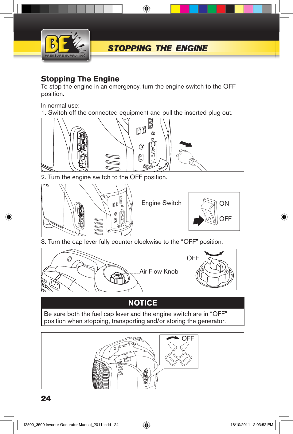 Stopping, Engine, Notice | Stopping the engine | BE Pressure supply 2500 Watt Inverters Generators User Manual | Page 24 / 44