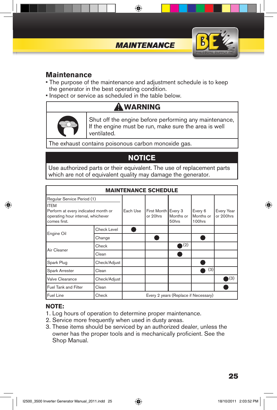 Maintenance, 25 maintenance, Notice | Warning | BE Pressure supply 2500 Watt Inverters Generators User Manual | Page 25 / 44