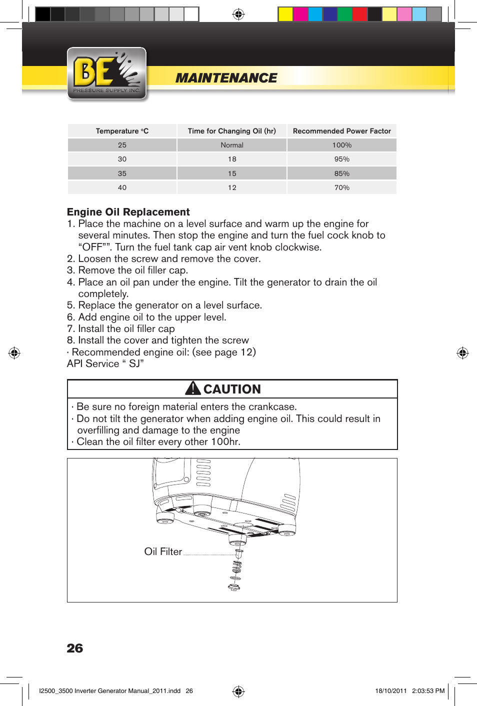 Oil filter, Maintenance, Caution | BE Pressure supply 2500 Watt Inverters Generators User Manual | Page 26 / 44
