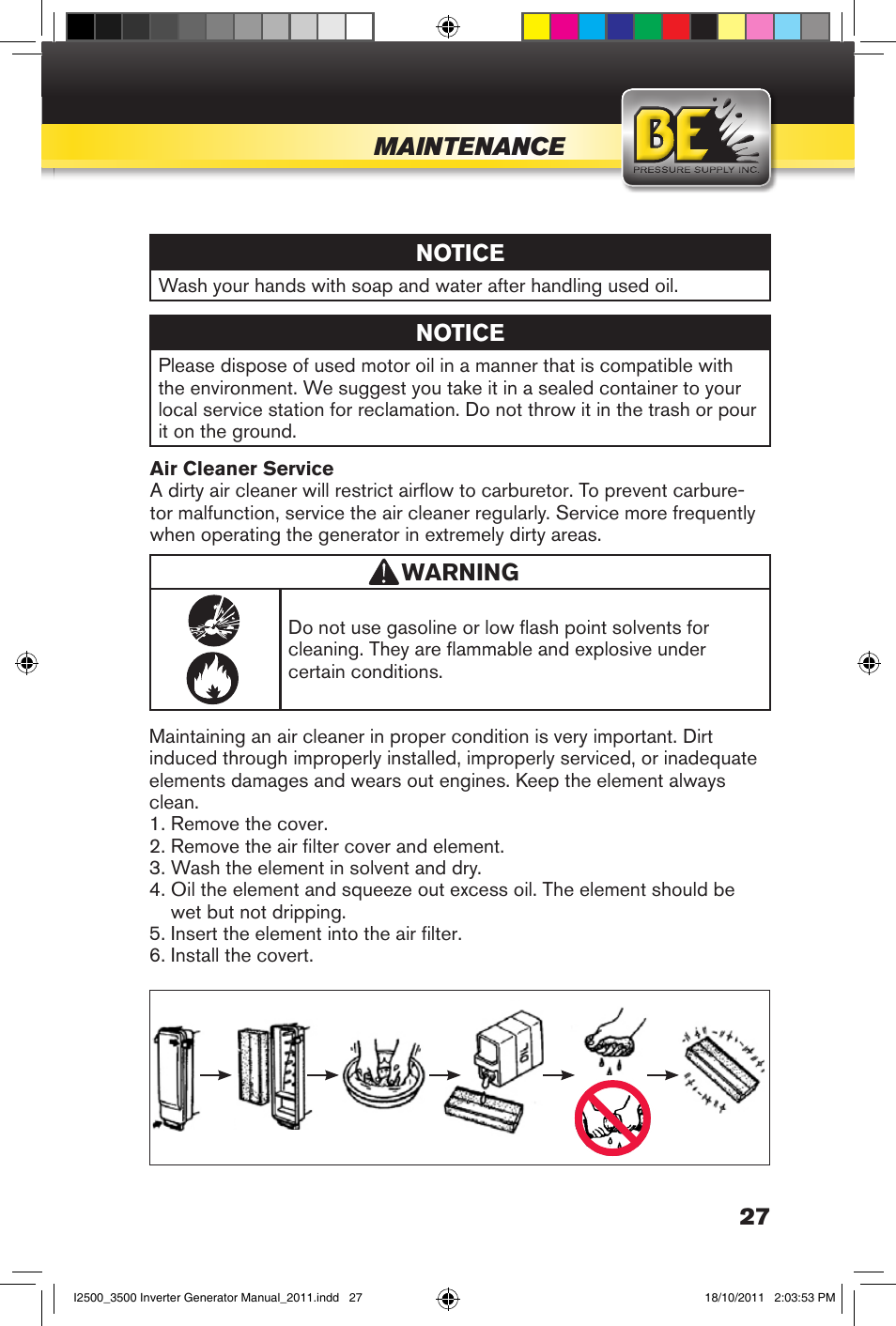 Maintenance, Notice, Warning | BE Pressure supply 2500 Watt Inverters Generators User Manual | Page 27 / 44