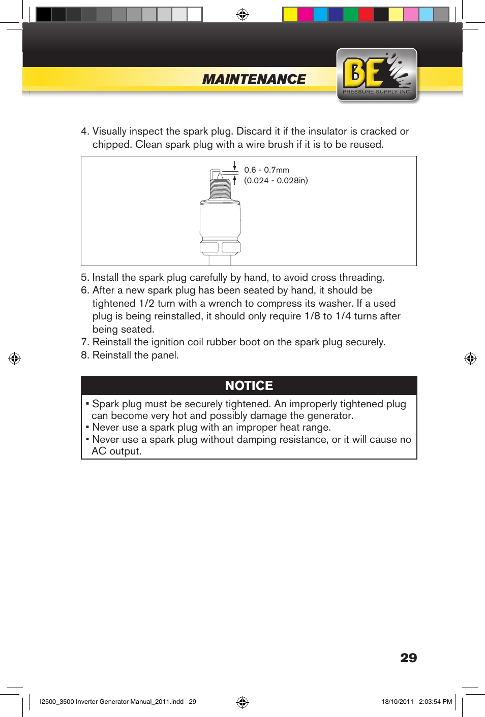 Maintenance, 29 notice | BE Pressure supply 2500 Watt Inverters Generators User Manual | Page 29 / 44