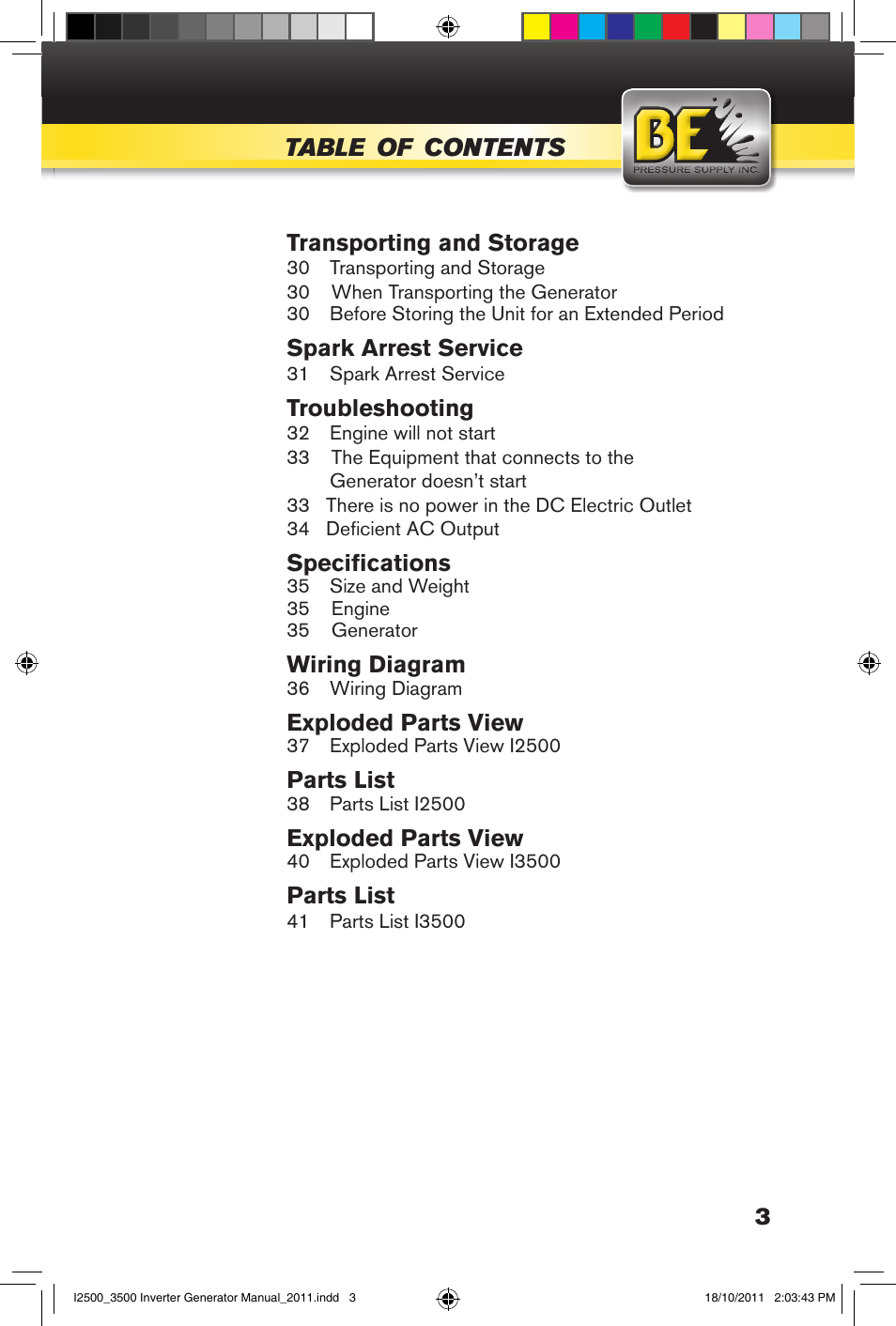 BE Pressure supply 2500 Watt Inverters Generators User Manual | Page 3 / 44