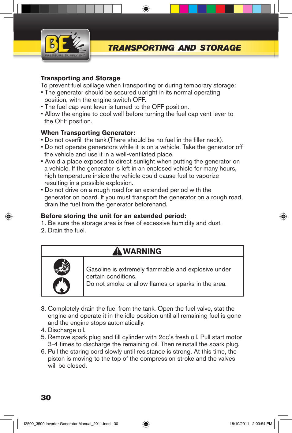 Transporting, Storage | BE Pressure supply 2500 Watt Inverters Generators User Manual | Page 30 / 44