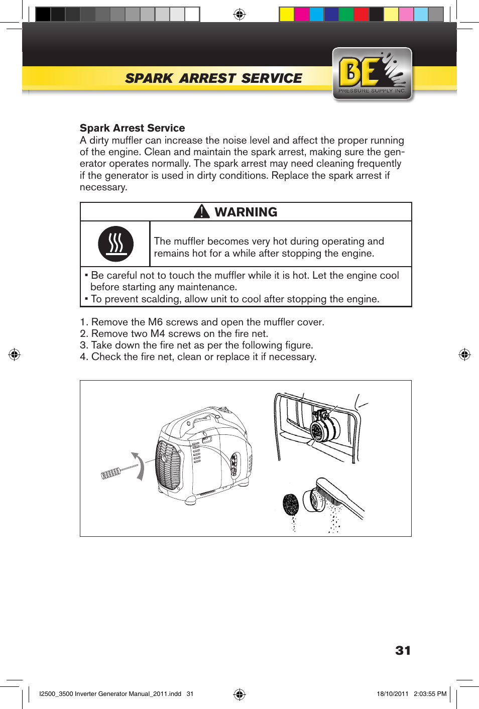 Spark, Arrest, Service | Warning | BE Pressure supply 2500 Watt Inverters Generators User Manual | Page 31 / 44
