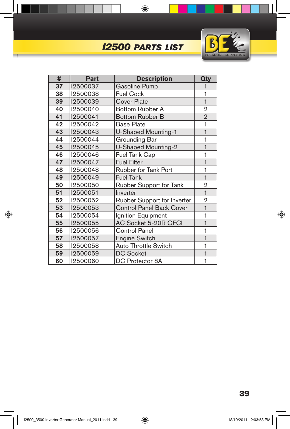 I2500, Parts, List | BE Pressure supply 2500 Watt Inverters Generators User Manual | Page 39 / 44