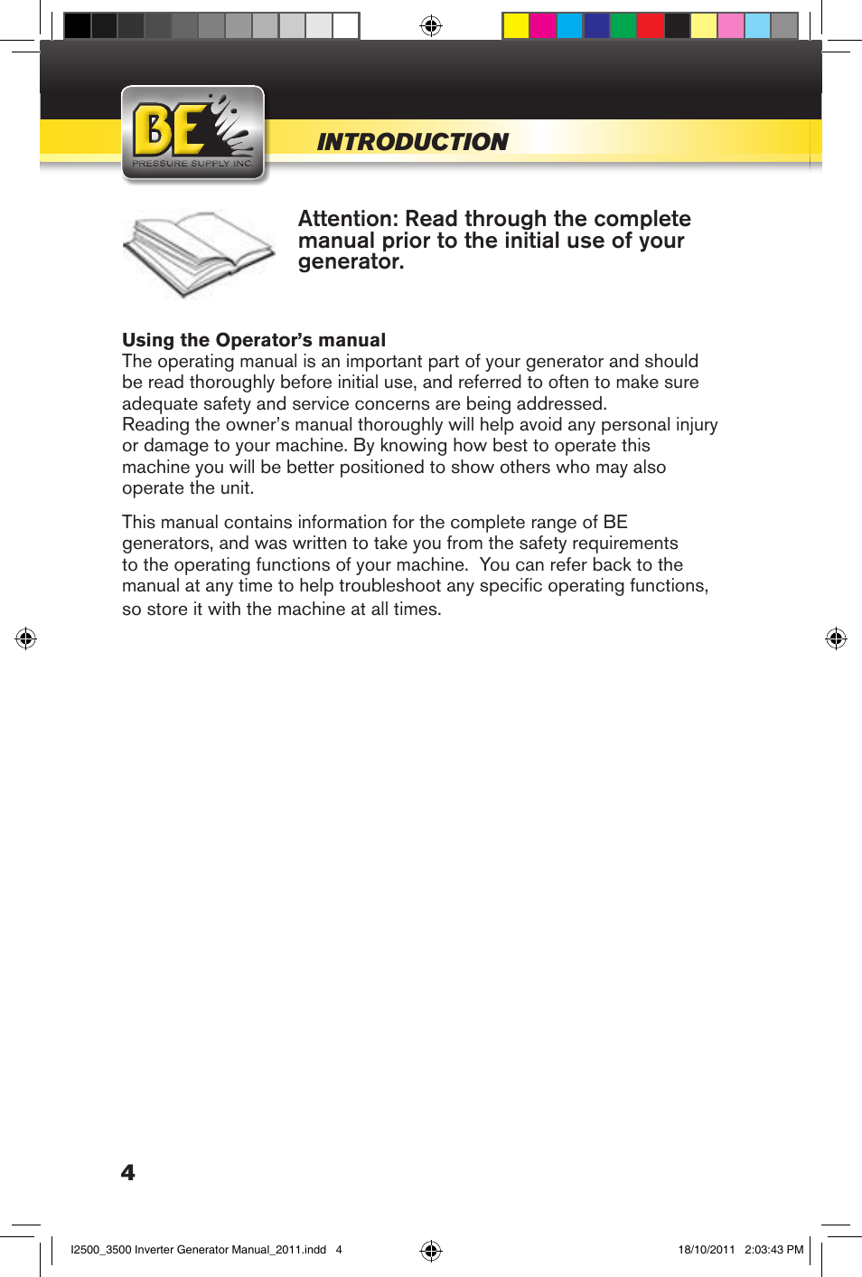 Introduction | BE Pressure supply 2500 Watt Inverters Generators User Manual | Page 4 / 44