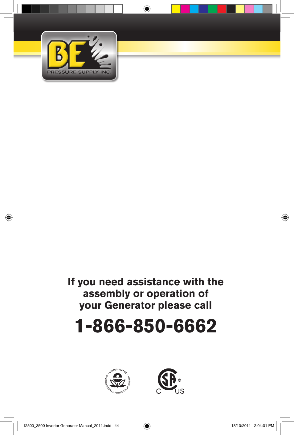 BE Pressure supply 2500 Watt Inverters Generators User Manual | Page 44 / 44