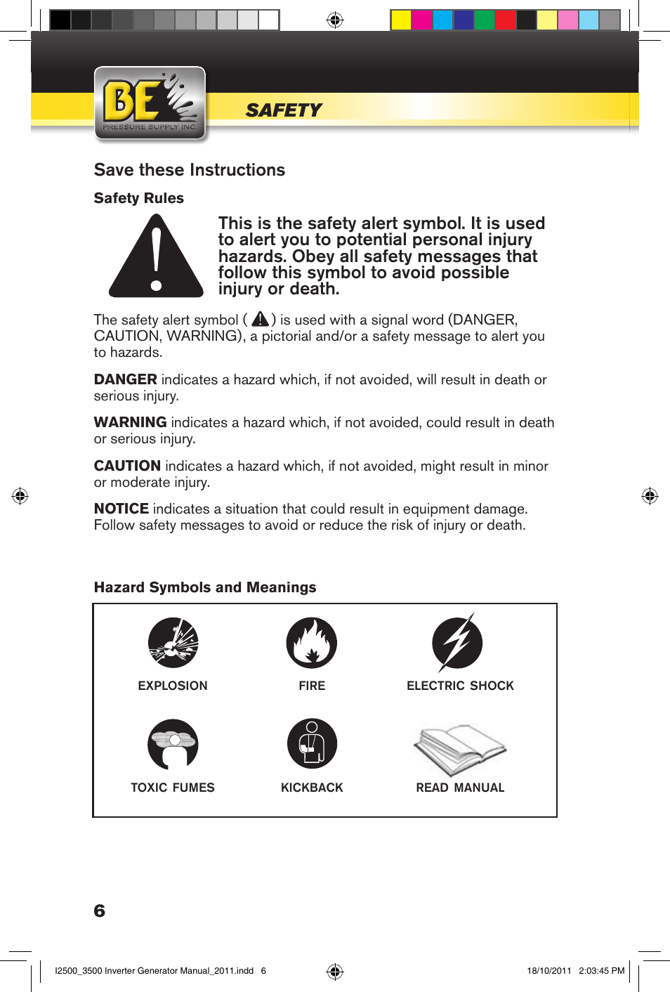 Safety, Save these instructions | BE Pressure supply 2500 Watt Inverters Generators User Manual | Page 6 / 44