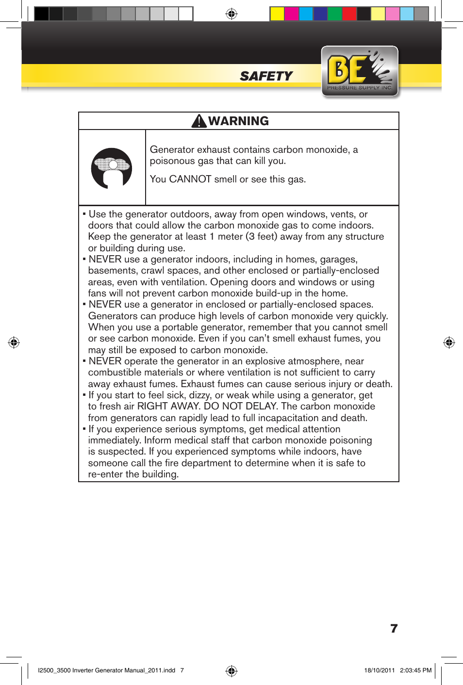 Safety, Warning | BE Pressure supply 2500 Watt Inverters Generators User Manual | Page 7 / 44