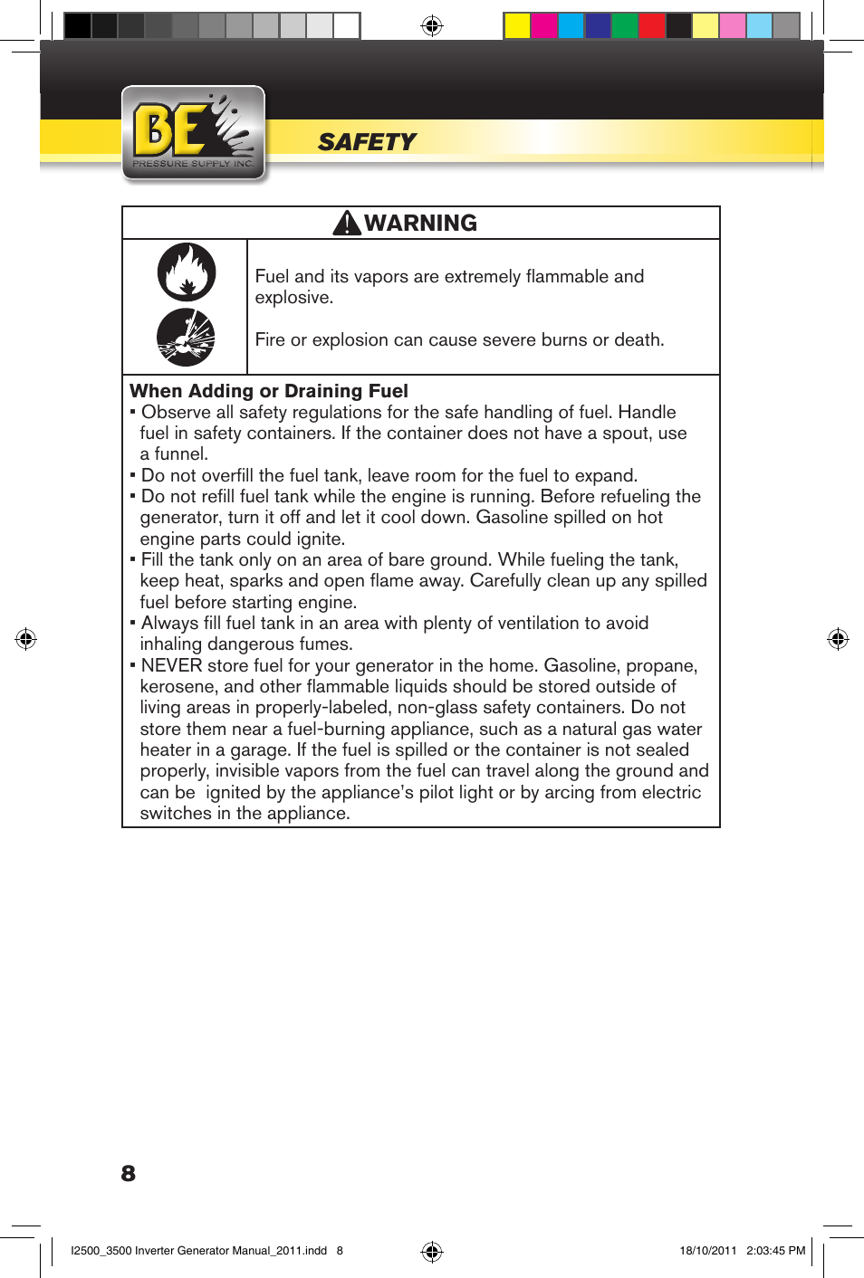 Safety, Warning | BE Pressure supply 2500 Watt Inverters Generators User Manual | Page 8 / 44