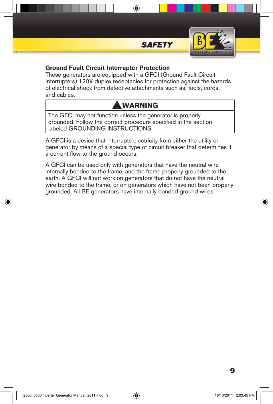 Safety, Warning | BE Pressure supply 2500 Watt Inverters Generators User Manual | Page 9 / 44