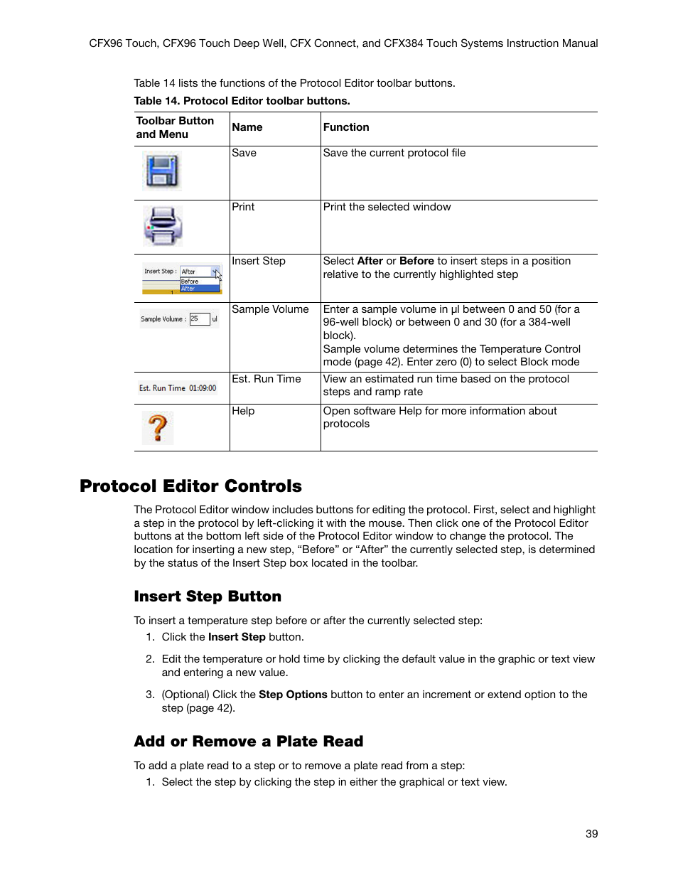 Protocol editor controls, Insert step button, Add or remove a plate read | Bio-Rad Firmware & Software Updates User Manual | Page 52 / 178