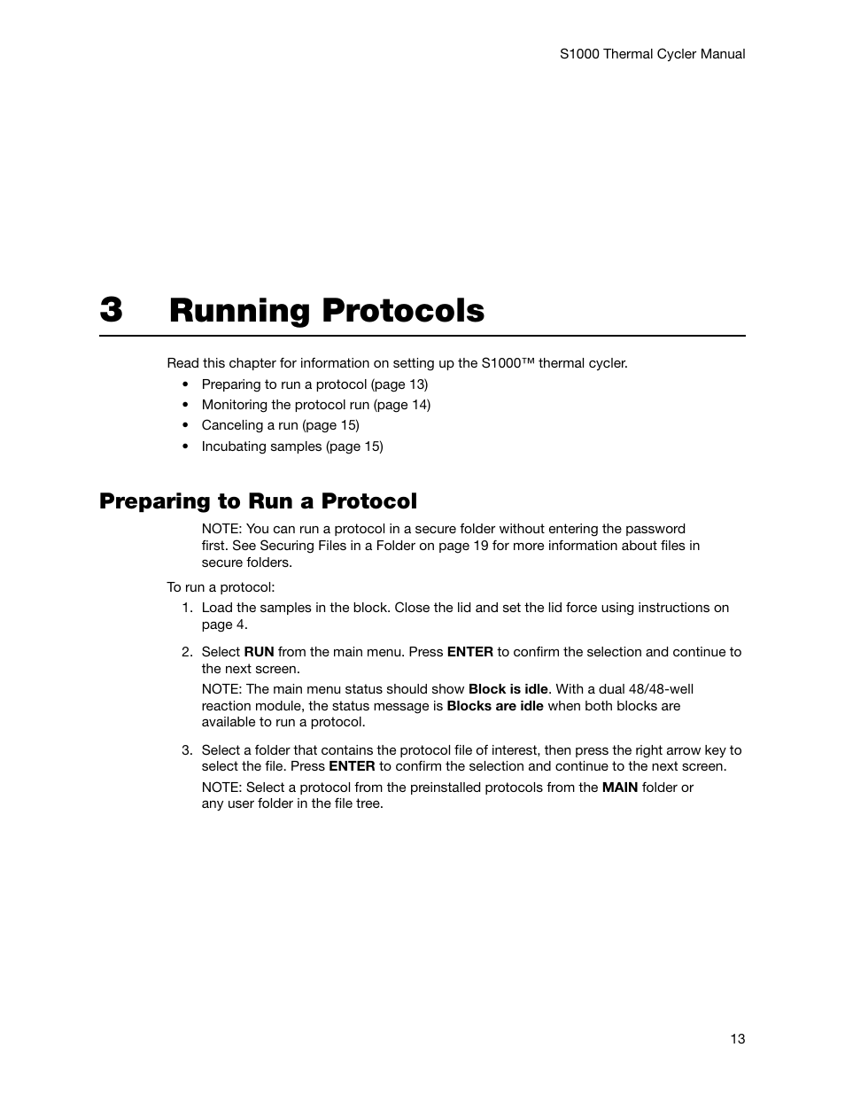 3 running protocols, Preparing to run a protocol, Chapter 3. running protocols | Running protocols | Bio-Rad S1000™ Thermal Cycler User Manual | Page 22 / 41