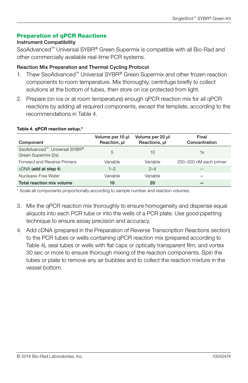 Preparation of qpcr reactions, Ssoadvanced, Universal sybr | Thaw ssoadvanced | Bio-Rad SingleShot™ Cell Lysis RT-qPCR Kits User Manual | Page 5 / 14