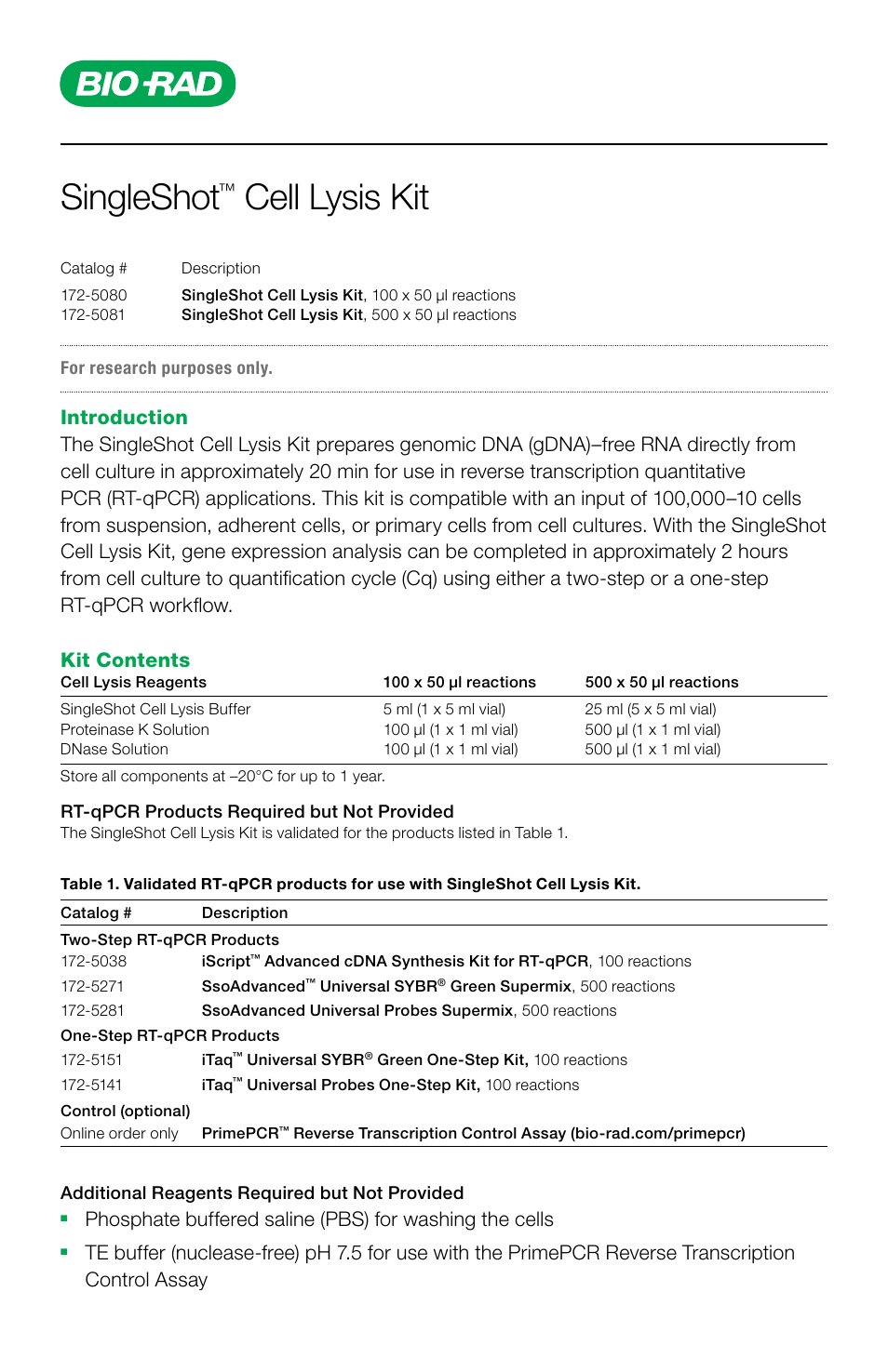 Bio-Rad SingleShot™ Cell Lysis RT-qPCR Kits User Manual | 10 pages