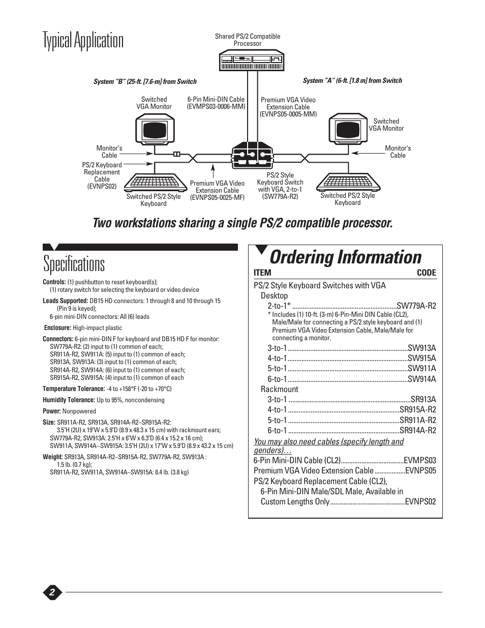 Specifications, Typical application, Ordering information | Black Box PS/2 User Manual | Page 2 / 2