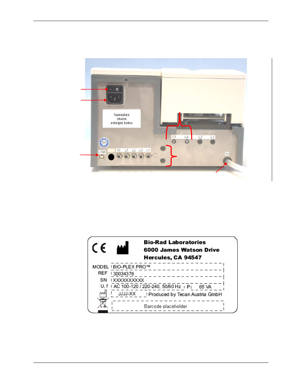Rear panel connections, Instrument name plate | Bio-Rad Bio-Plex Pro™ Wash Stations User Manual | Page 39 / 82