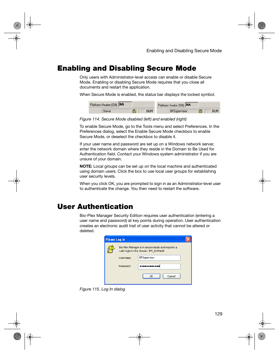 Enabling and disabling secure mode, User authentication | Bio-Rad Bio-Plex Software® Upgrades and Conversions User Manual | Page 141 / 260