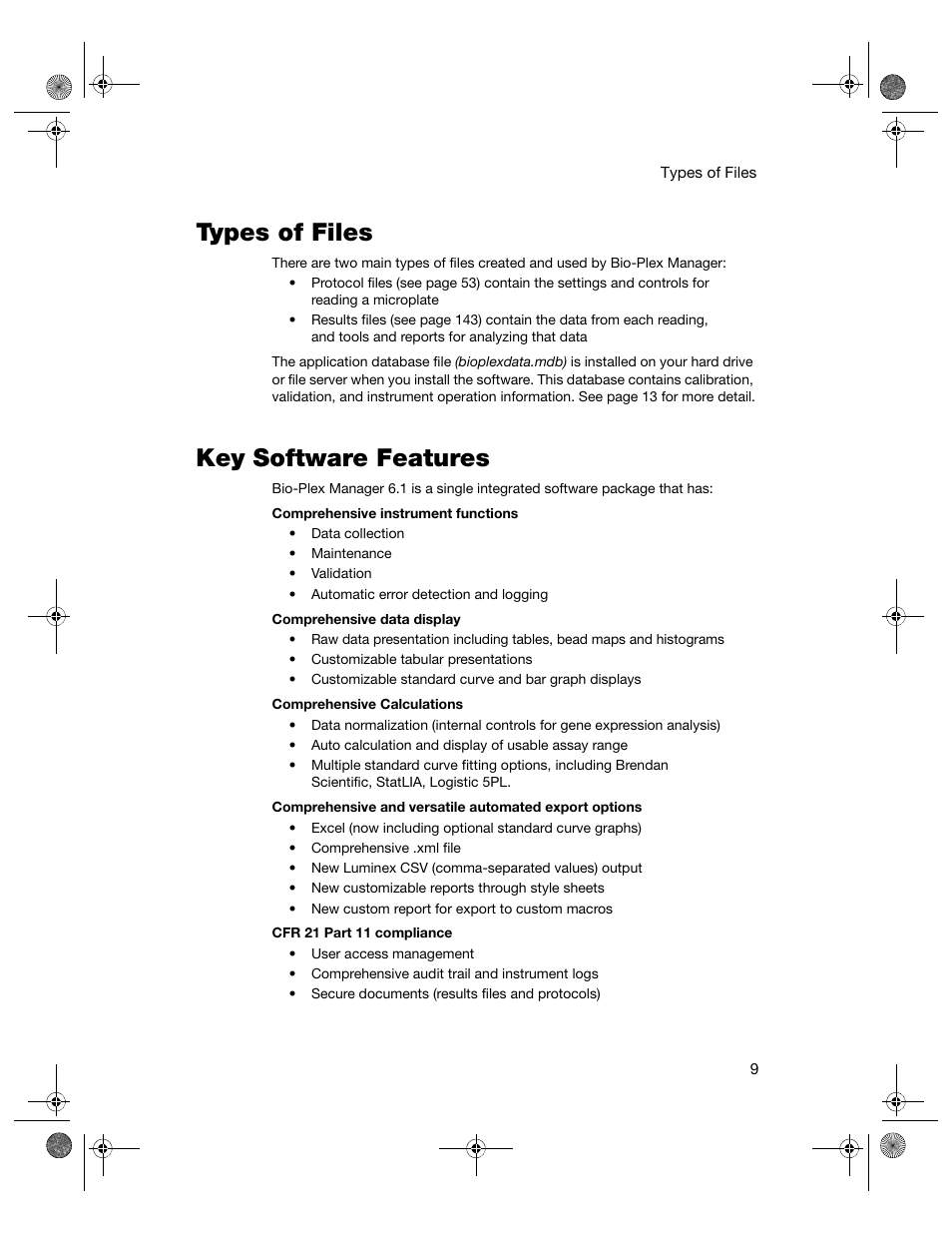Types of files, Key software features, Types of files key software features | Bio-Rad Bio-Plex Software® Upgrades and Conversions User Manual | Page 21 / 260