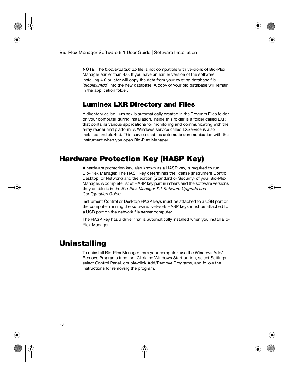 Luminex lxr directory and files, Hardware protection key (hasp key), Uninstalling | Hardware protection key (hasp key) uninstalling | Bio-Rad Bio-Plex Software® Upgrades and Conversions User Manual | Page 26 / 260