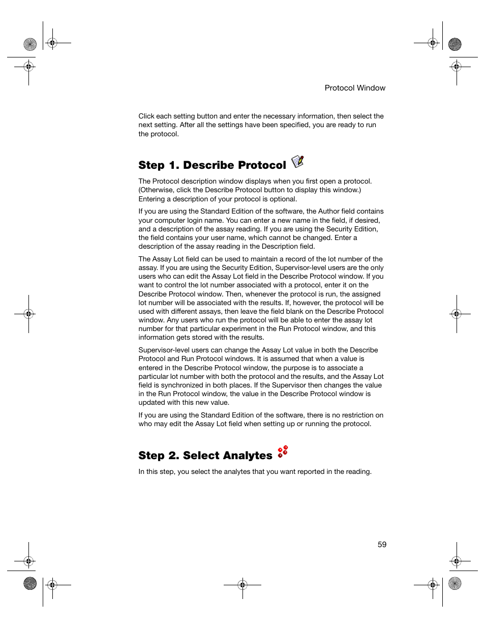 Step 1. describe protocol, Step 2. select analytes, Step 1. describe protocol step 2. select analytes | Bio-Rad Bio-Plex Software® Upgrades and Conversions User Manual | Page 71 / 260