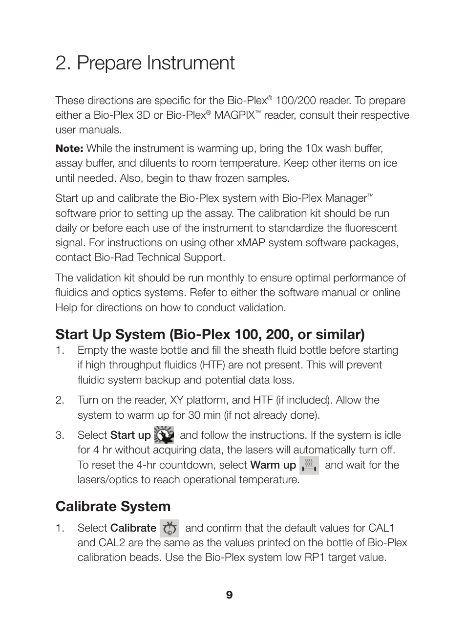 Prepare instrument, Calibrate system | Bio-Rad Bio-Plex Pro™ Human Chemokine Assays User Manual | Page 11 / 42