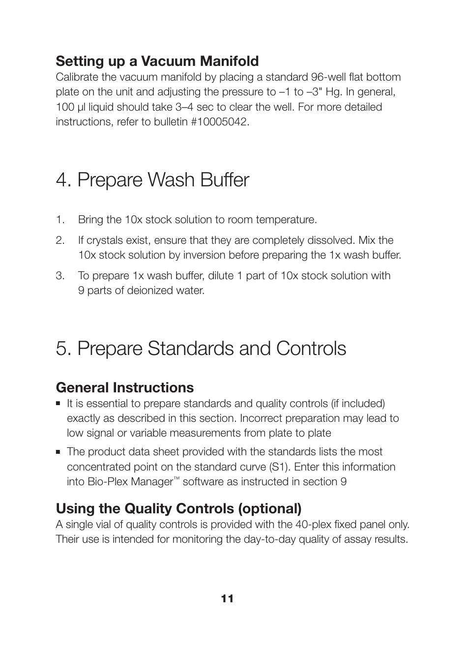 Prepare wash buffer, Prepare standards and controls, Setting up a vacuum manifold | General instructions, Using the quality controls (optional) | Bio-Rad Bio-Plex Pro™ Human Chemokine Assays User Manual | Page 13 / 42