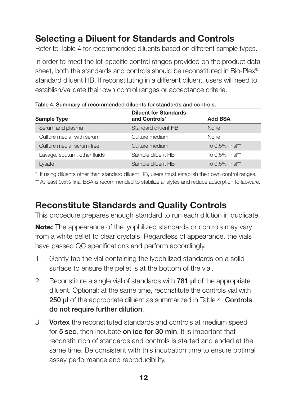 Selecting a diluent for standards and controls, Reconstitute standards and quality controls | Bio-Rad Bio-Plex Pro™ Human Chemokine Assays User Manual | Page 14 / 42